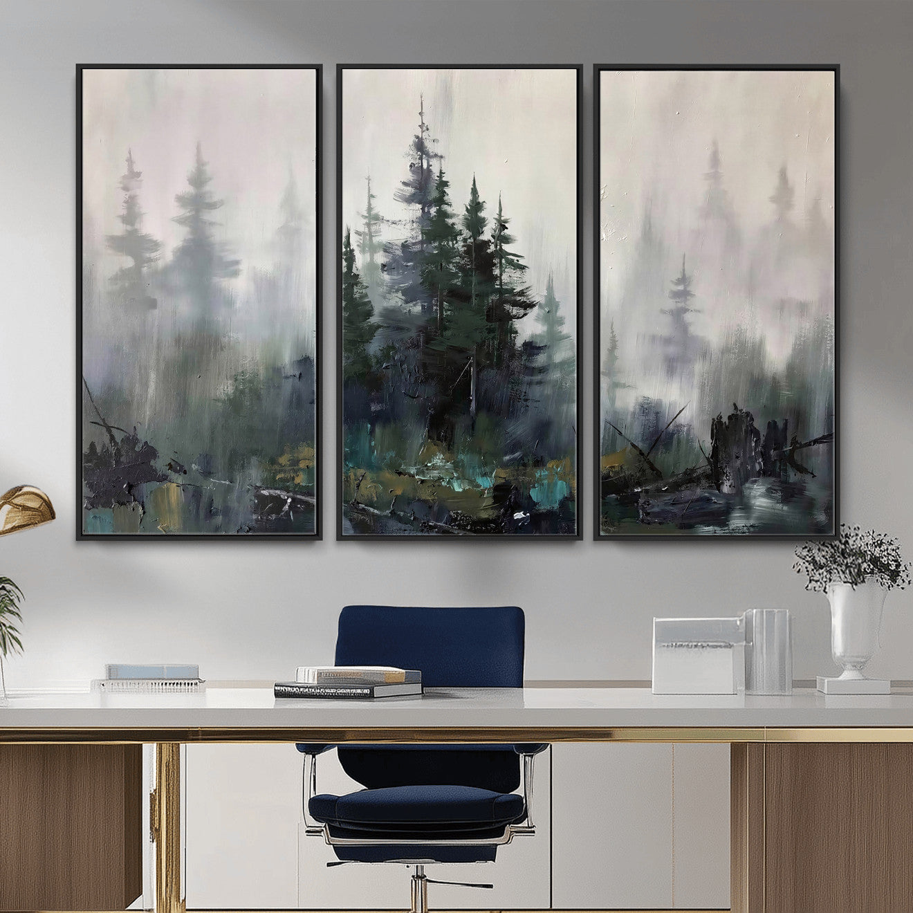 94143325-MGV-CV-36X24 - Misty Pine Forest Oil Painting Canvas — Dark Moody Teal Grey Tree Print | Japandi Scandinavian Wall Art | Minimalist Nature Decor Gift