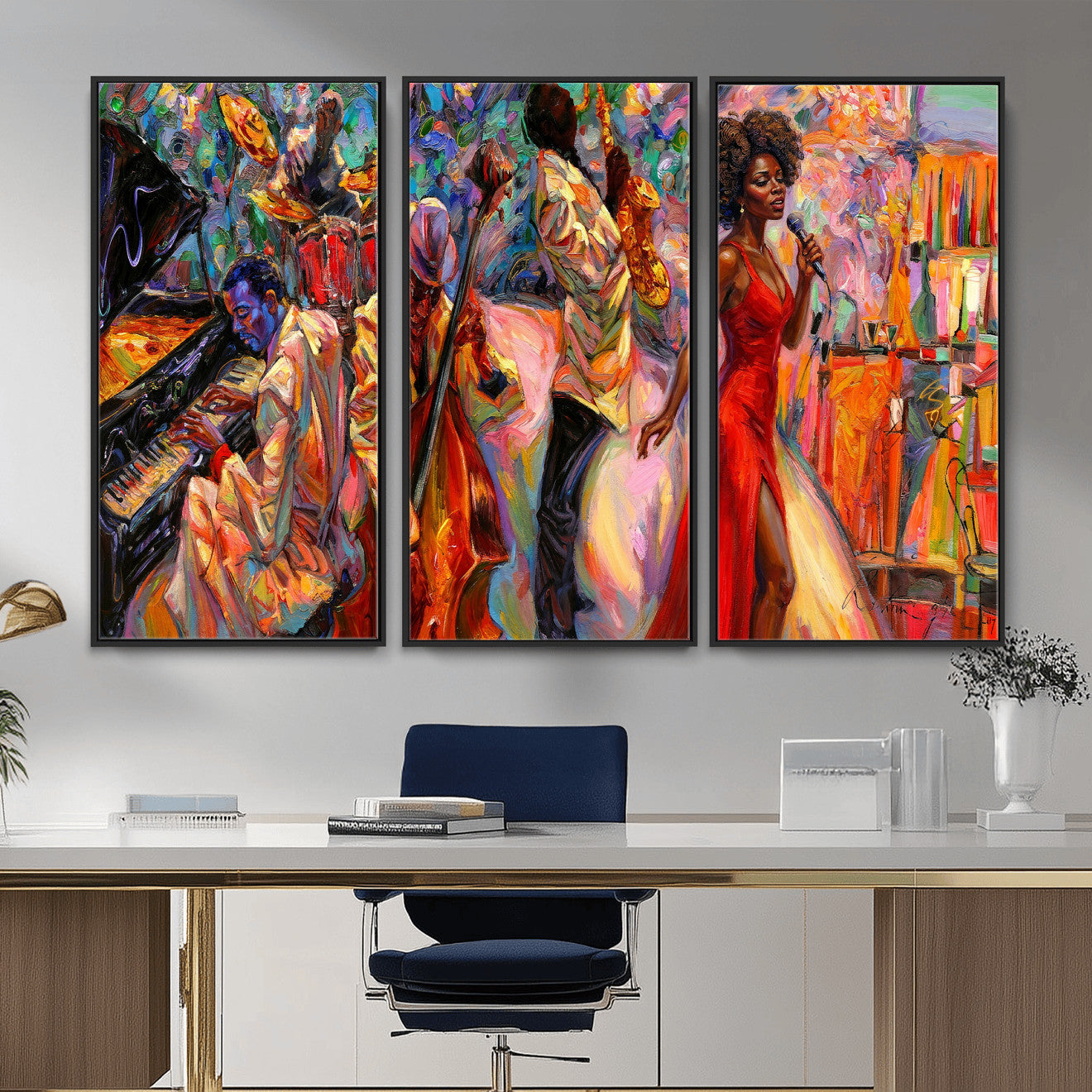 72615137-MGV-CV-36X24 - African American Jazz Singer Canvas Art - Red Dress Black Woman Music Print | Colorful Jazz Band Wall Decor | Living Room Gift for Her