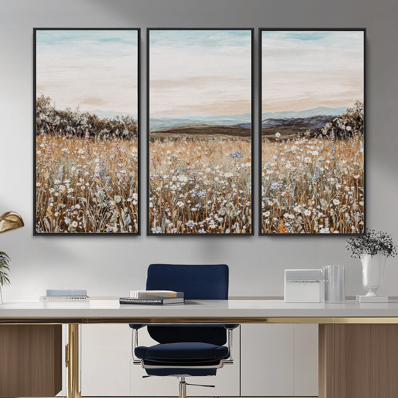 F35773805-MGV-CV-36X24 - Neutral Wildflower Field Canvas Wall Art — Beige Earth Tone Botanical Meadow Print | Farmhouse Boho Decor | Bedroom Living Room Gift Her