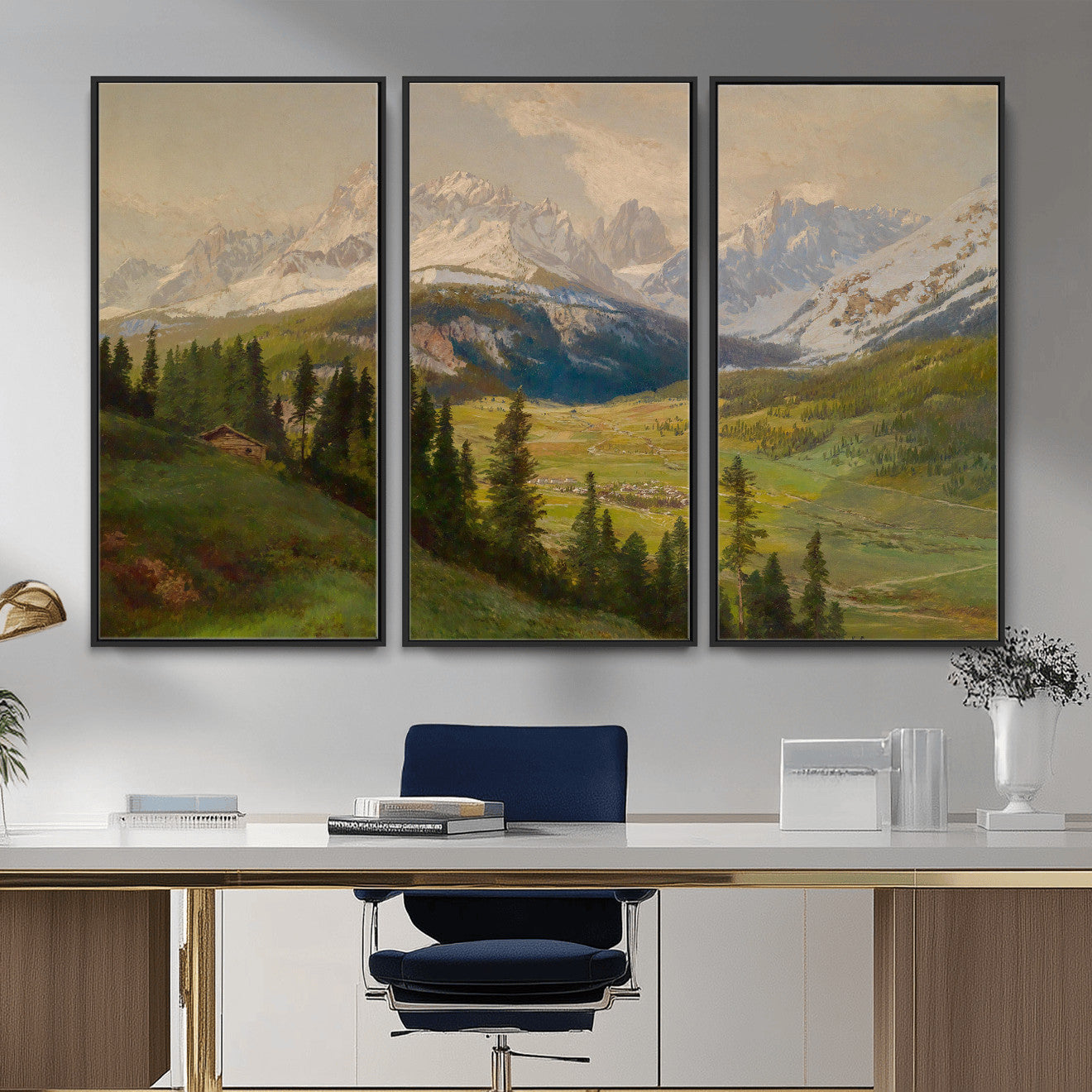 23120262-MGV-CV-36X24 - Konrad Petrides Sexten Village Canvas Print, Alpine Mountain Valley Painting, Dolomites Landscape Art