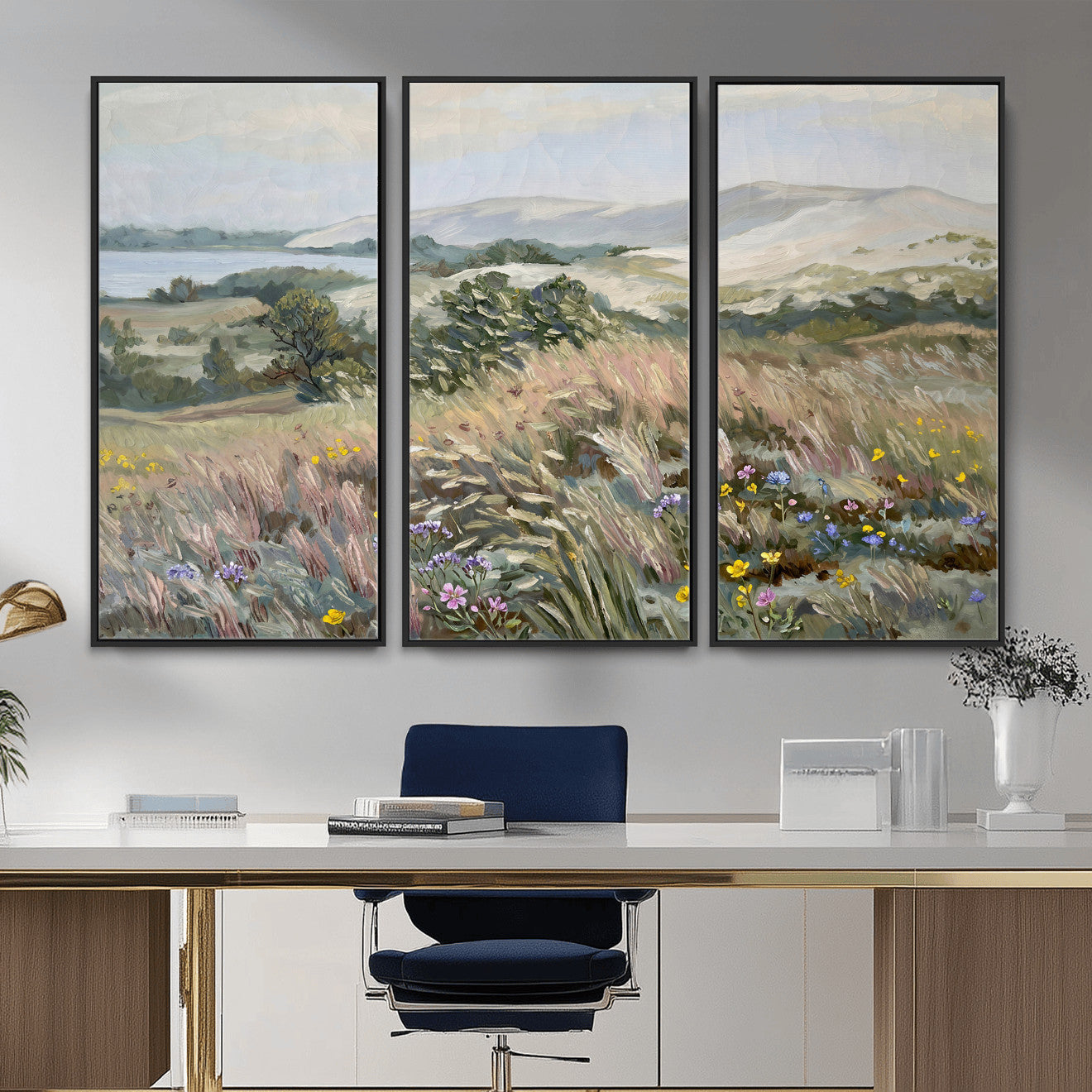 18013232-MGV-CV-36X24 - Katie Staples Hillside Canvas Wall Art — Coastal Wildflower Dune Oil Painting Print | Muted Green Nature Decor | Plein Air Landscape Gift
