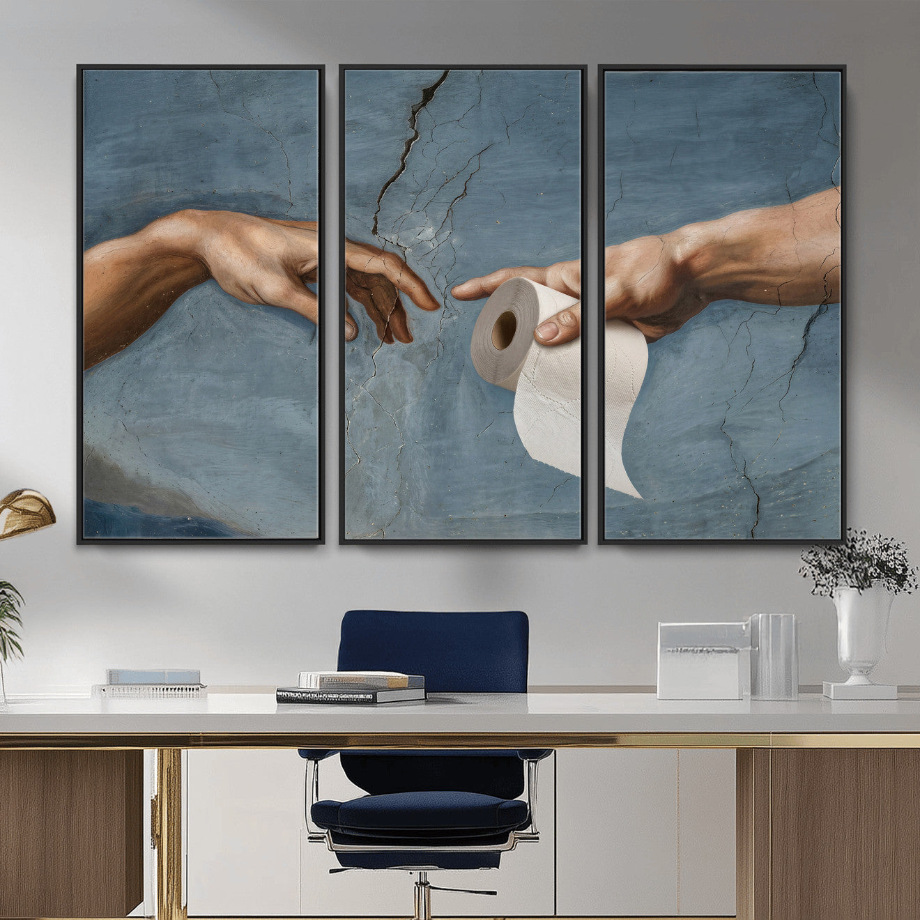 42648143-MGV-CV-36X24 - Funny Bathroom Canvas Wall Art, Michelangelo Creation of Adam Toilet Paper Parody, Renaissance Humor Print, Quirky Housewarming Gift, Toilet Room Decor