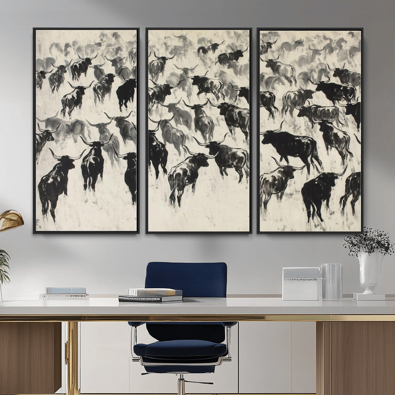 68669792-MGV-CV-36X24 - Longhorn Cattle Canvas Wall Art, Black White Stampede Ink Painting Print, Western Farmhouse Decor, Bull Herd Art, Large Living Room Wall Art, Ranch Home Decor