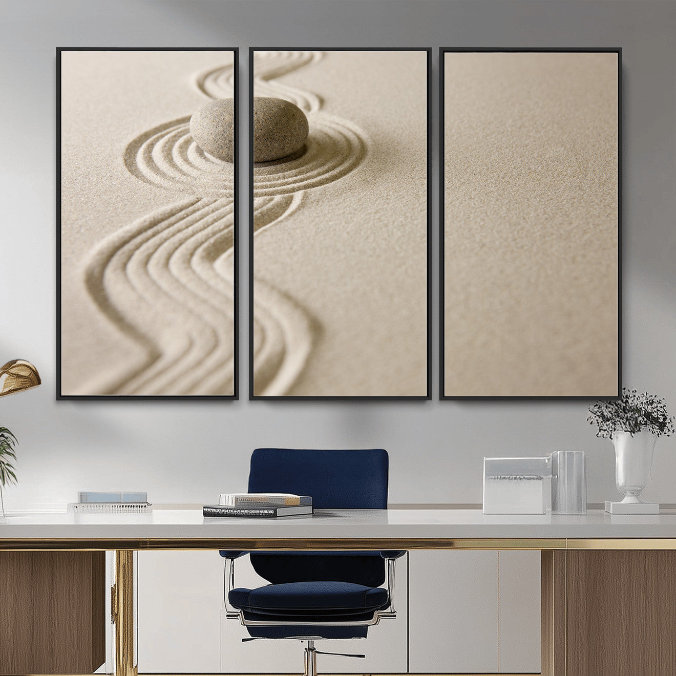 66852661-MGV-CV-36X24 - Zen Garden Stone Sand Canvas | Japanese Rock Garden Wall Art | Minimalist Meditation Print | Neutral Beige Mindfulness Decor