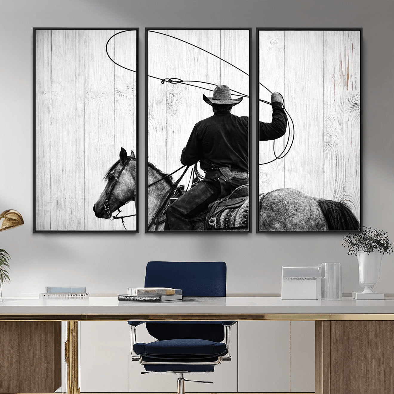 22569358-MGV-CV-36X24 - Cowboy Lasso Canvas Wall Art, Black White Western Horse Photo Print, Rustic Ranch Rodeo Decor, Farmhouse Western Art, Cowboy Gift for Him