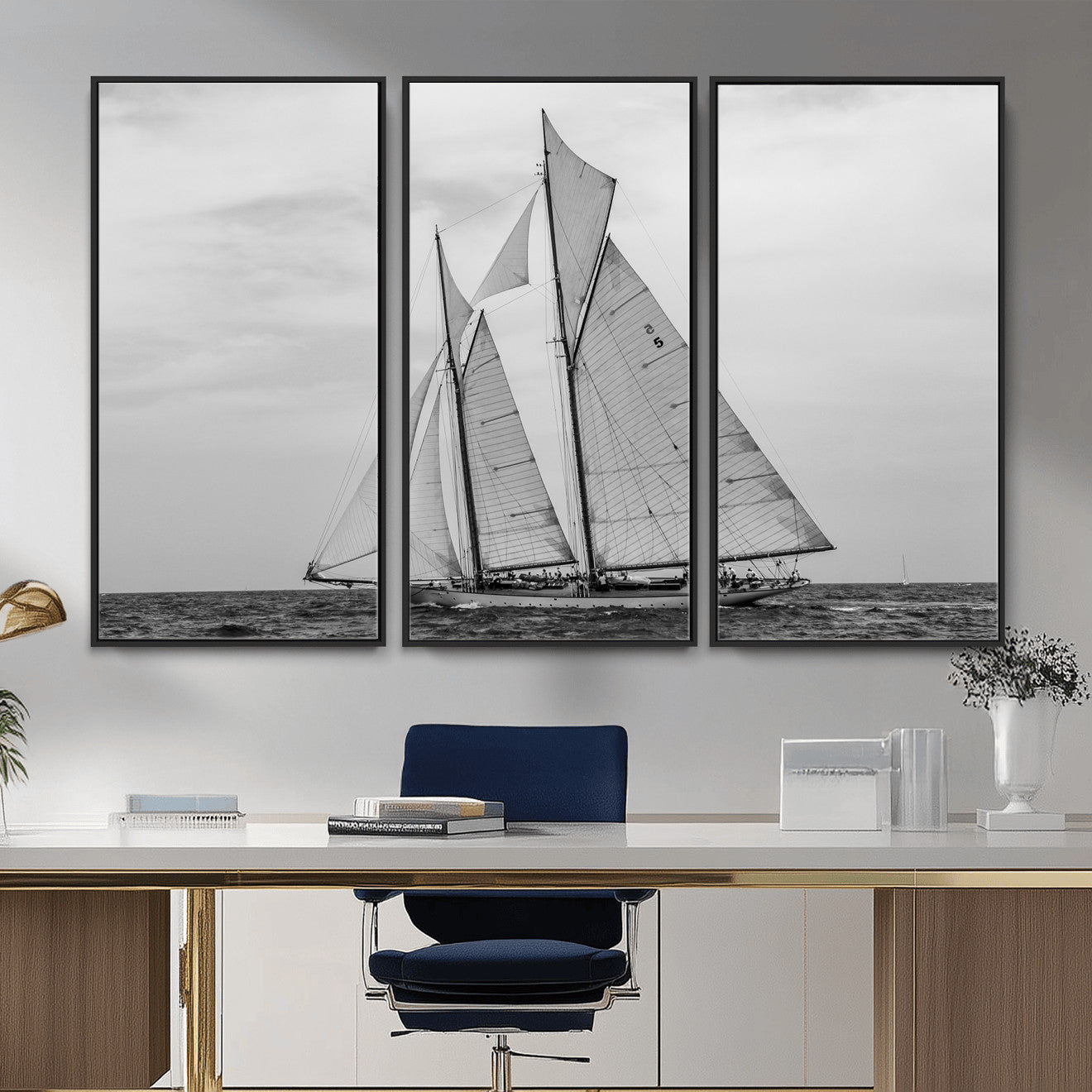 52882918-MGV-CV-36X24 - Vintage Sailboat Wall Art Canvas Print, Black and White Schooner Framed Artwork, Nautical Ocean Sailing Decor for Living Room Office Beach House
