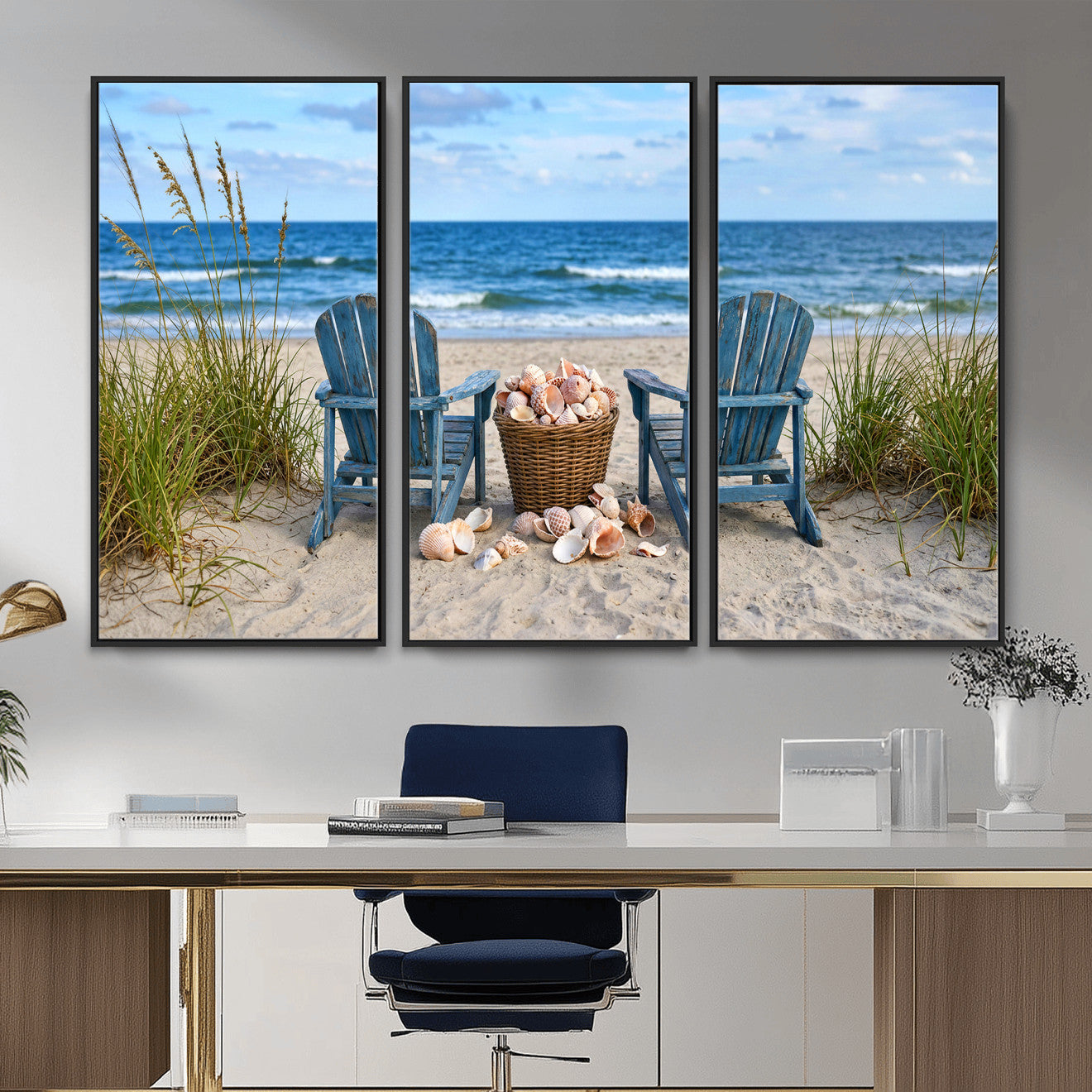 80268829-MGV-CV-36X24 - Large Beach Canvas Wall Art Coastal Adirondack Chairs Ocean Seashells Blue Nautical Framed Large for Living Room Bedroom Bathroom Decor