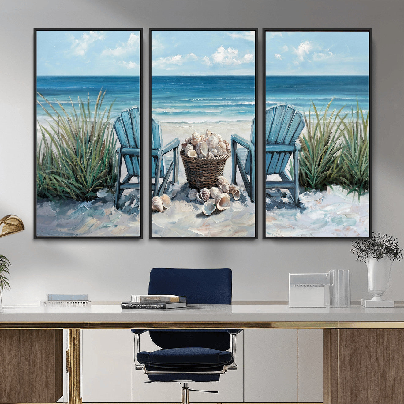 11973028-MGV-CV-36X24 - Beach Canvas Wall Art Coastal Adirondack Chairs Ocean Seashells Blue Nautical Framed Large for Living Room Bedroom Bathroom Decor