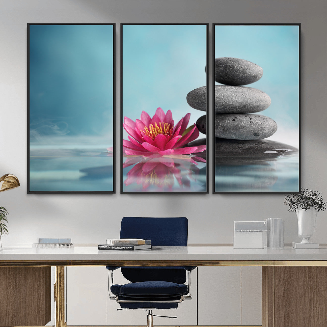 84293154-MGV-CV-36X24 - Zen Canvas Wall Art Lotus Flower Stacked Stones Teal Spa Meditation Relaxation Framed Large for Bathroom Bedroom Living Room Office Decor
