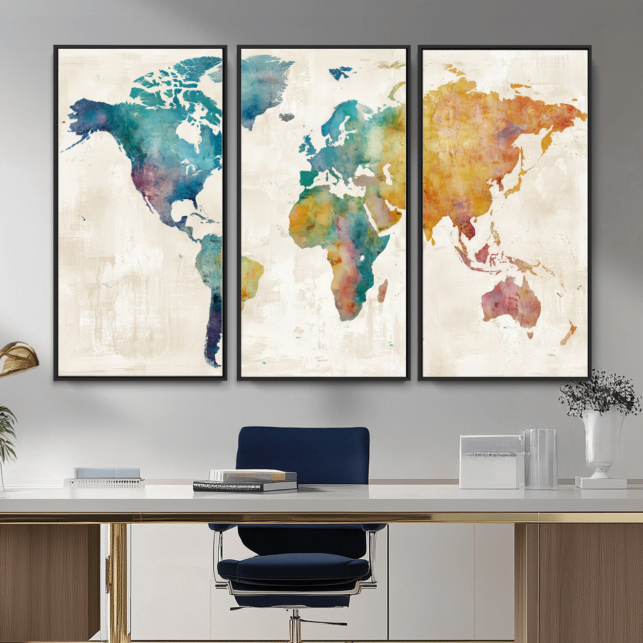 56556018-MGV-CV-36X24 - Watercolor World Map Canvas Wall Art Print – Abstract Colorful Travel Wall Decor