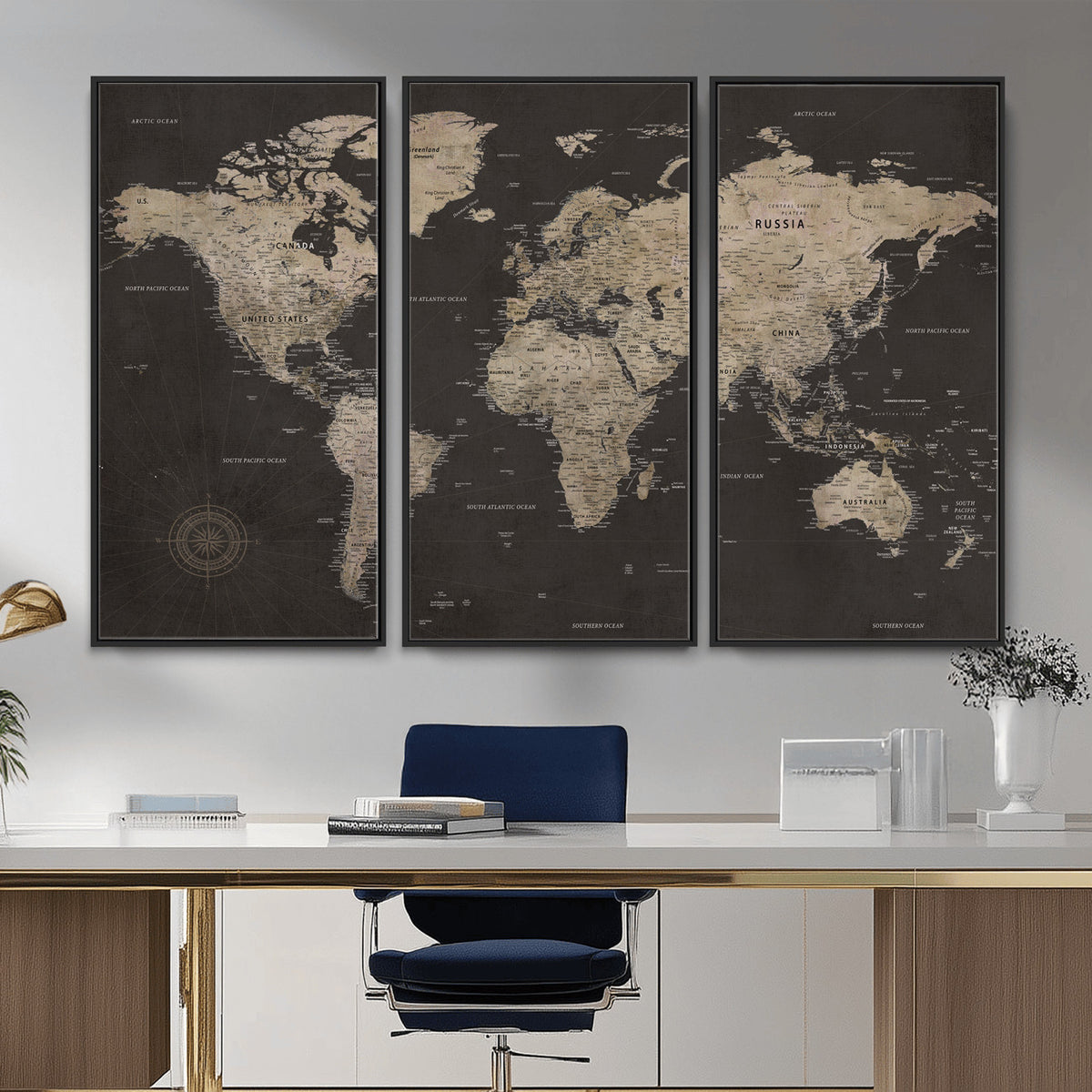 56556018136-MGV-CV-36X24 - World Map Canvas Wall Art Dark Charcoal Antique Tan Detailed