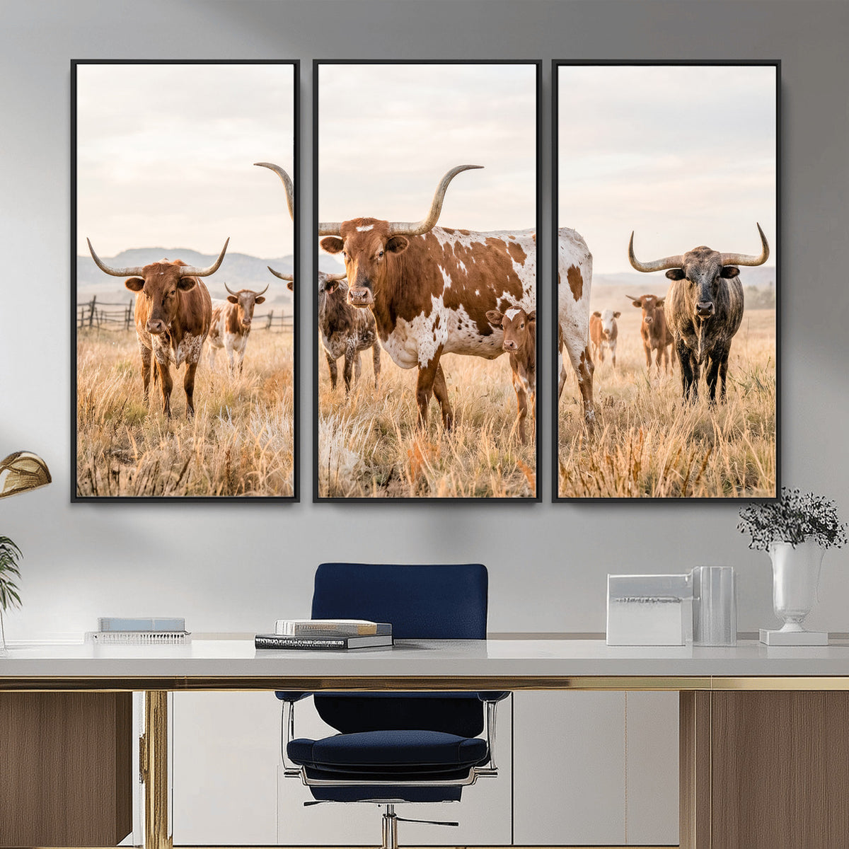 62336425AC-MGV-CV-36X24 - Texas Longhorn Canvas Wall Art, Rustic Farm Animal Photography Print, Farmhouse Country Decor, Western Ranch Art