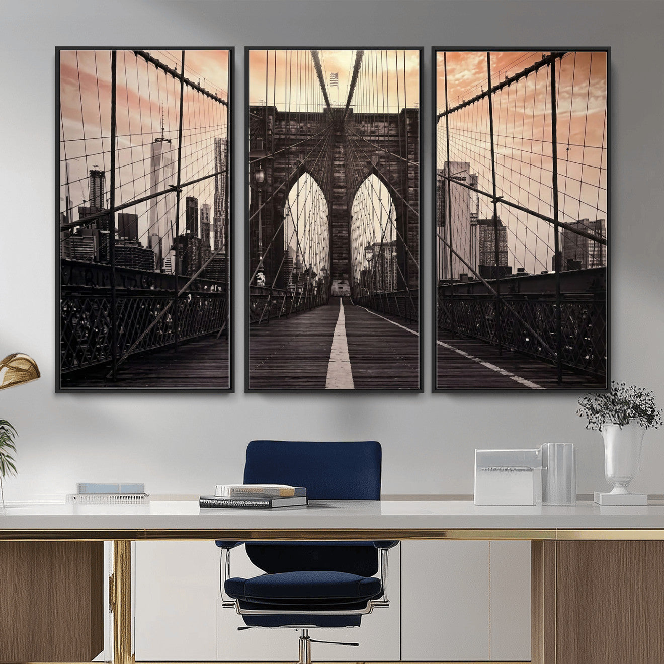 93226664-MGV-CV-36X24 - Brooklyn Bridge Canvas Wall Art, New York City Skyline Photography Print, NYC Landmark Urban Decor Artwork