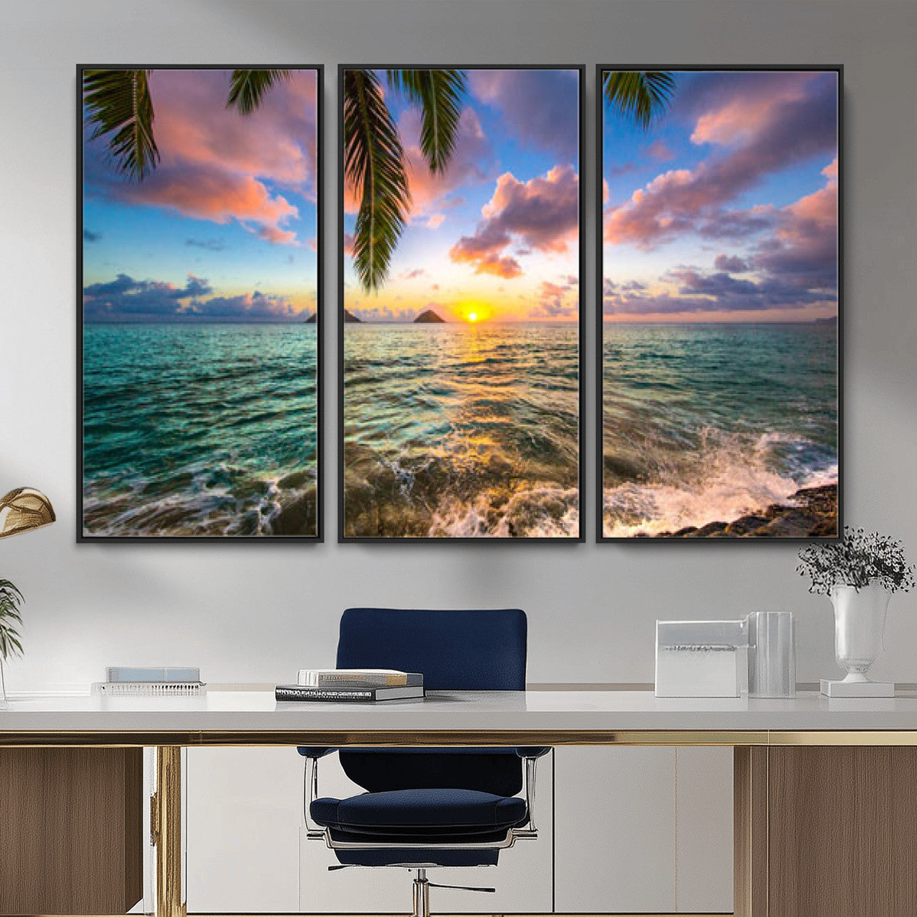 13207742-MGV-CV-36X24 - Hawaii Beach Sunset Canvas Wall Art Print, Tropical Ocean Landscape Artwork, Palm Tree Coastal Decor for Living Room Bedroom