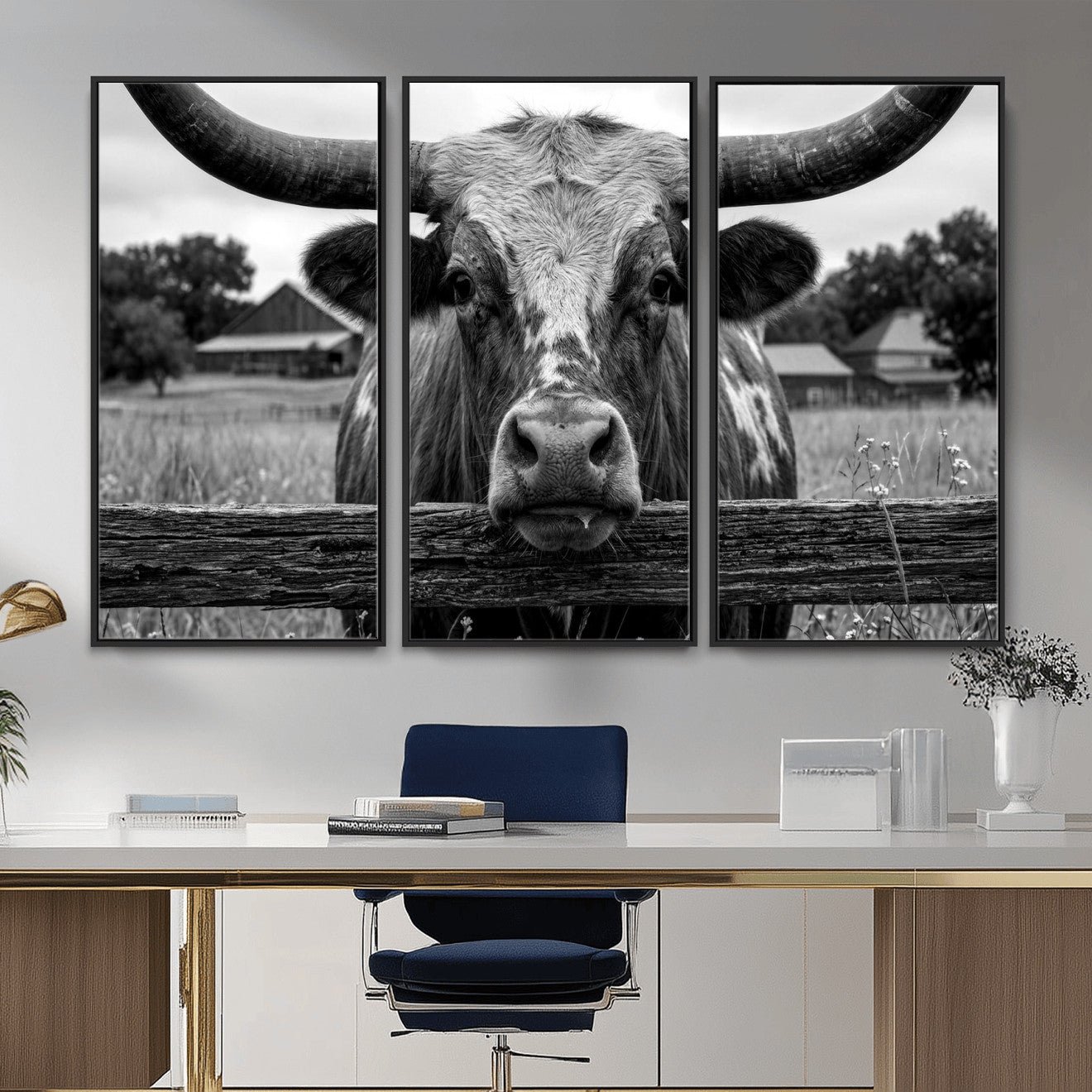 59378683B-MGV-CV-36X24 - Black White Texas Longhorn Bull Canvas Wall Art, Western Ranch Cattle Photography Print, Rustic Farmhouse Cowboy Decor Artwork