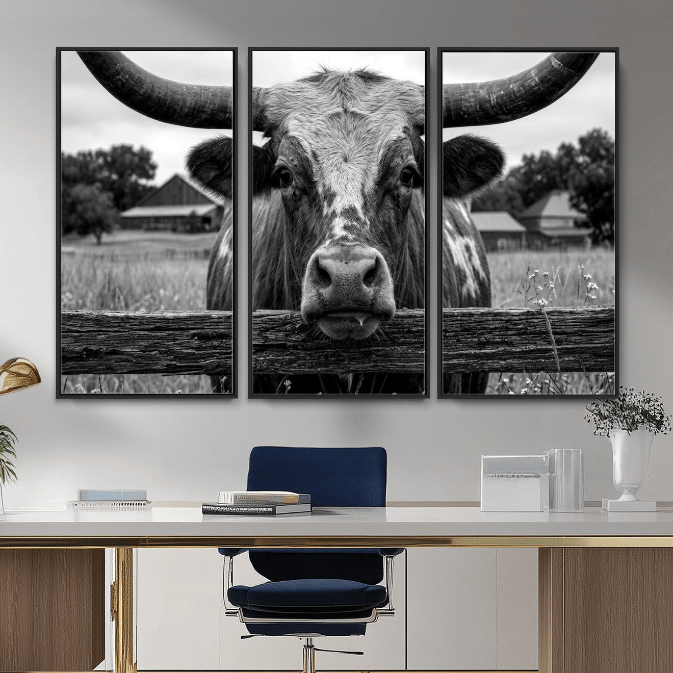 59378683B-MGV-CV-36X24 - Black White Texas Longhorn Bull Canvas Wall Art, Western Ranch Cattle Photography Print, Rustic Farmhouse Cowboy Decor Artwork
