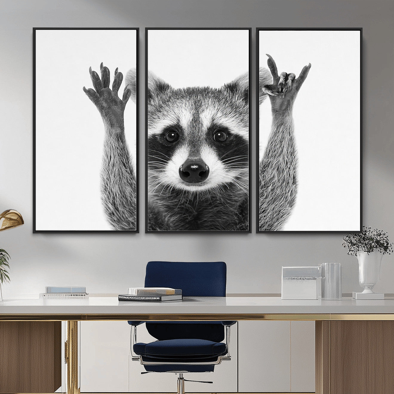 82392228-MGV-CV-36X24 - Funny Raccoon Canvas Wall Art, Black White Hands Up Animal Photo Print, Humorous Wildlife Decor, Kids Room Nursery Art, Quirky Animal Gift