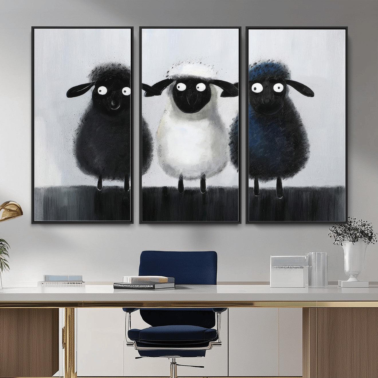 45650028-MGV-CV-36X24 - Funny Sheep Canvas Wall Art, Three Quirky Sheep Painting Print, Cute Animal Nursery Decor, Black White Navy Farmhouse Art, Kids Room Gift