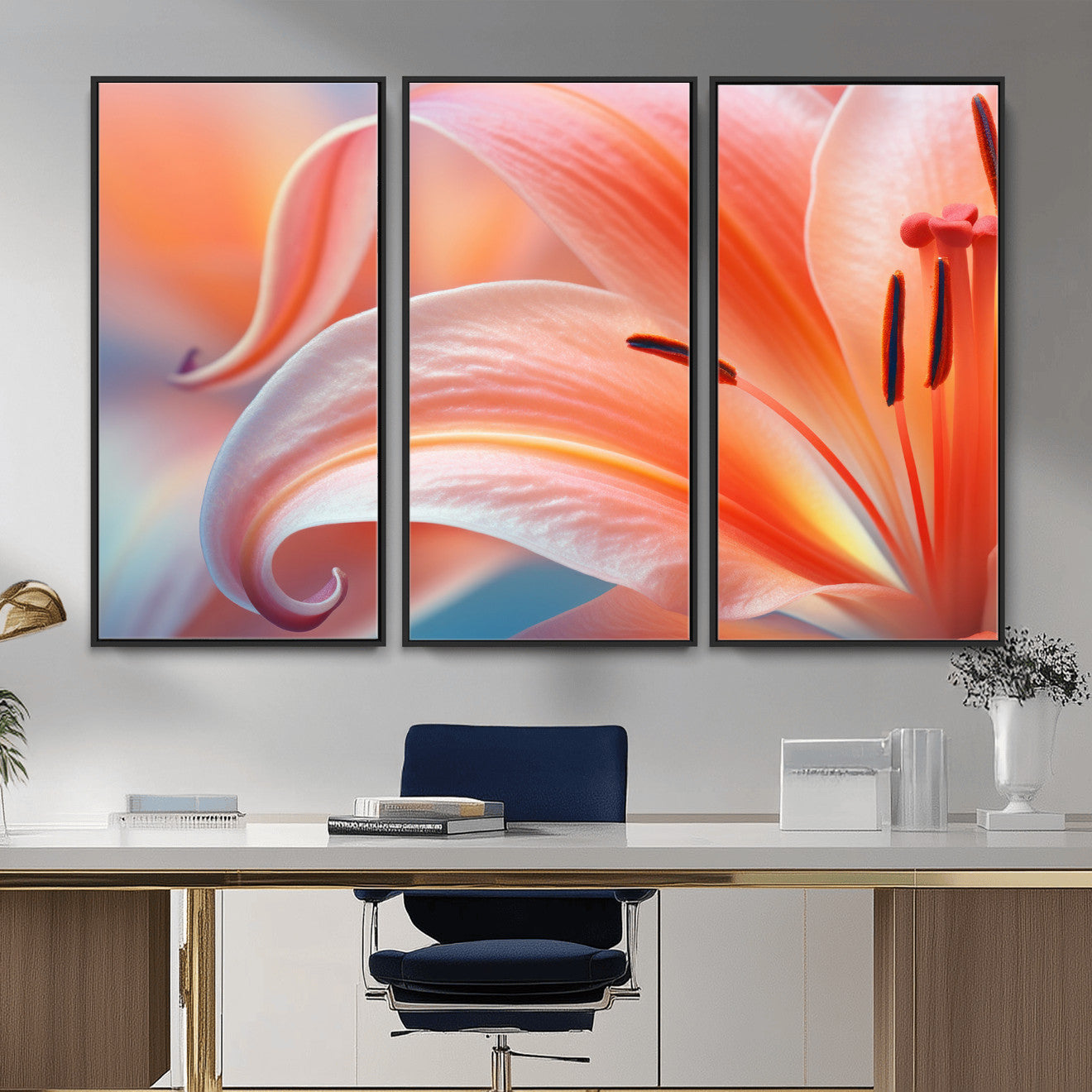 69566231-MGV-CV-36X24 - Peach Lily Canvas Wall Art, Coral Pink Flower Macro Photo Print, Botanical Bedroom Decor, Soft Floral Photography, Living Room Wall Art