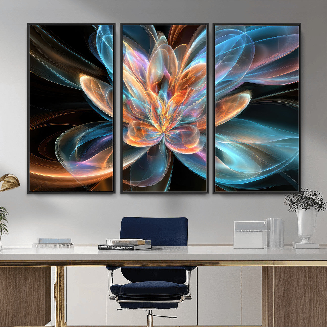 91902283-MGV-CV-36X24 - Fractal Lotus Canvas Wall Art, Blue Orange Glowing Flower Abstract Print, Modern Zen Meditation Room Decor, Ethereal Digital Art, Living Room