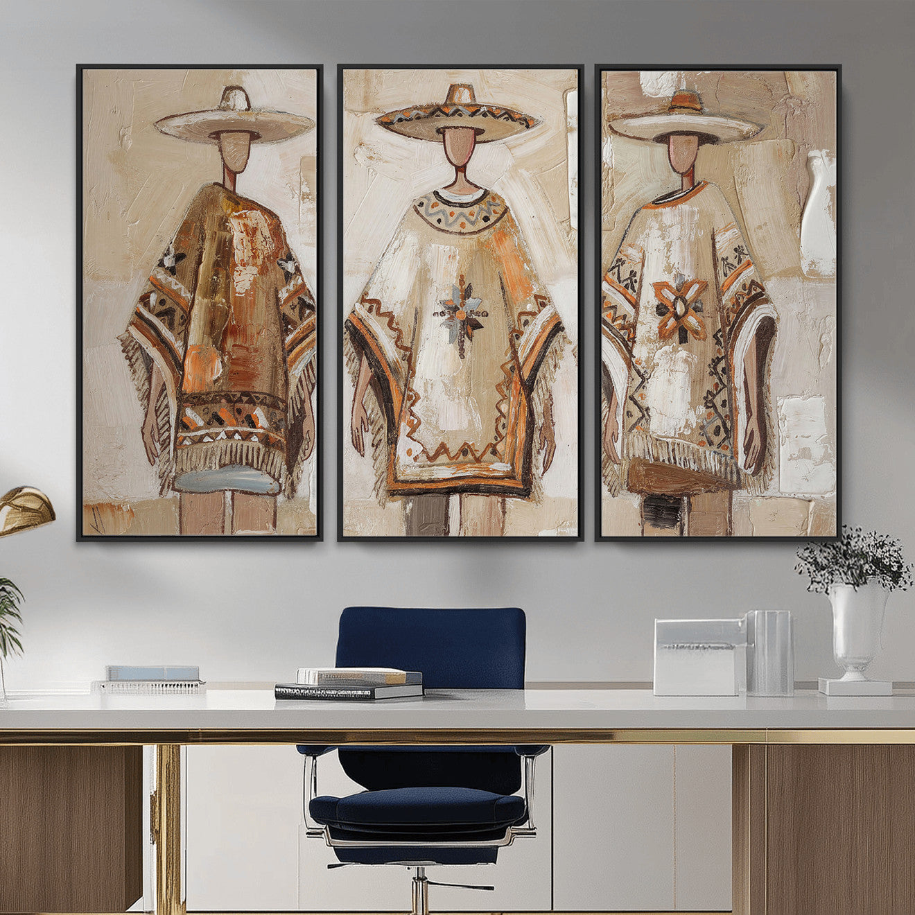 85373290-MGV-CV-36X24 - Mexican Folk Art Canvas Wall Art, Charro Poncho Sombrero Painting Print, Neutral Beige Boho Decor, Southwestern Impasto Style, Living Room Art
