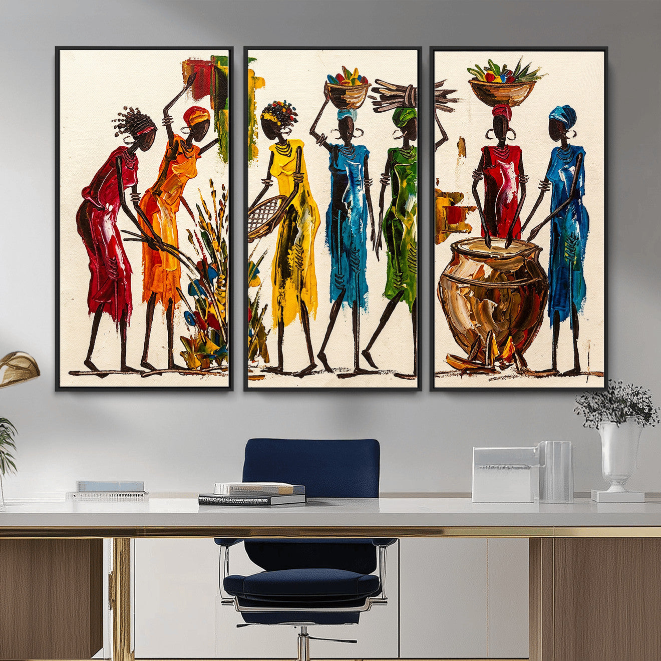 83463154-MGV-CV-36X24 - African Folk Art Canvas Wall Art, Colorful African Women Village Painting Print, Tribal Ethnic Home Decor, Vibrant African Art, Living Room