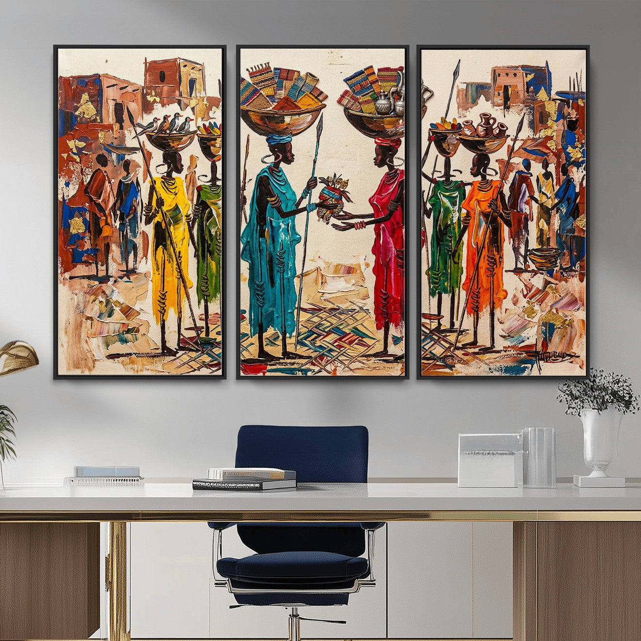 54818657-MGV-CV-36X24 - African Folk Art Canvas Wall Art, Colorful African Women Village Painting Print, Tribal Ethnic Home Decor, Vibrant African Art, Living Room