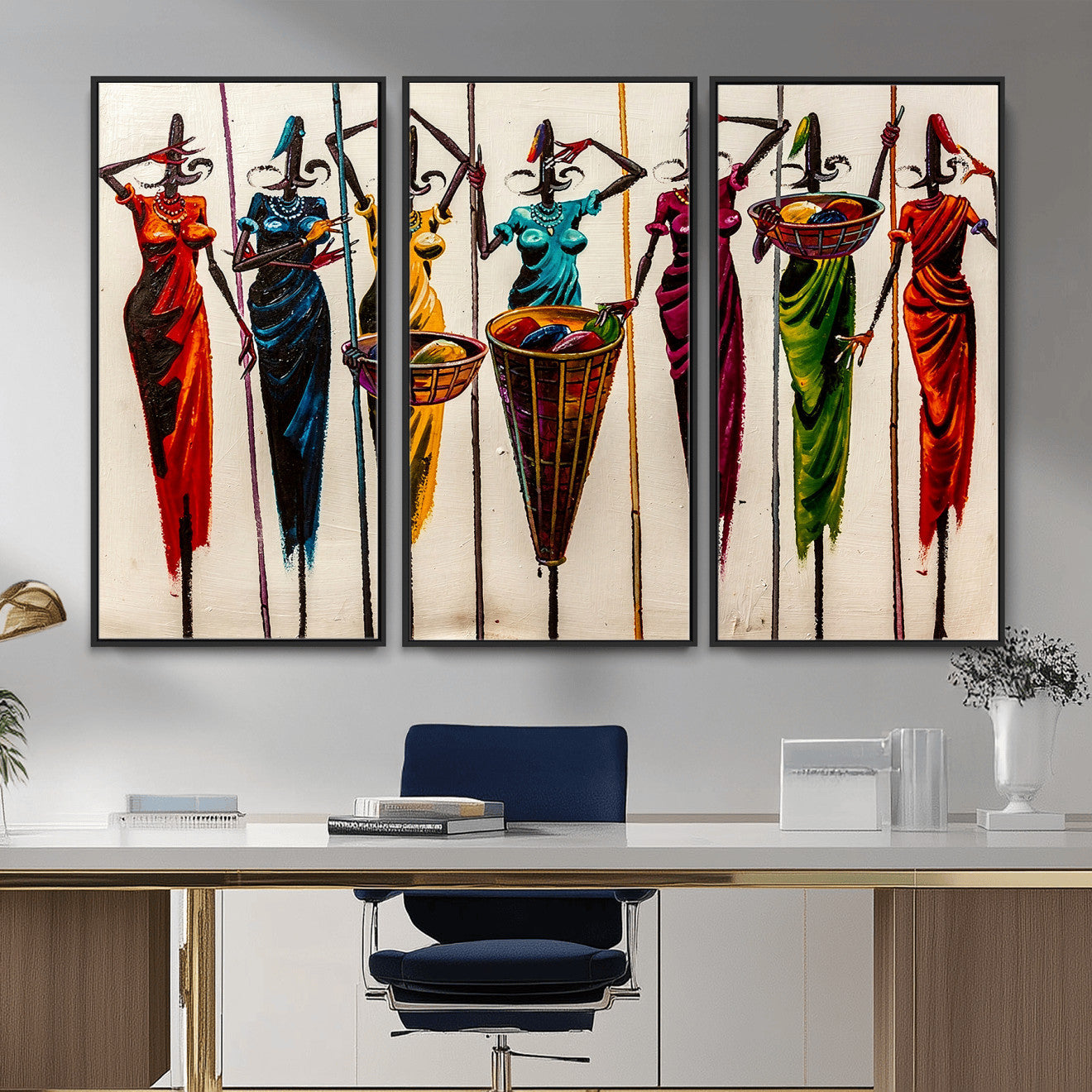 53545627-MGV-CV-36X24 - African Folk Art Canvas Wall Art, Colorful African Women Village Painting Print, Tribal Ethnic Home Decor, Vibrant African Art, Living Room