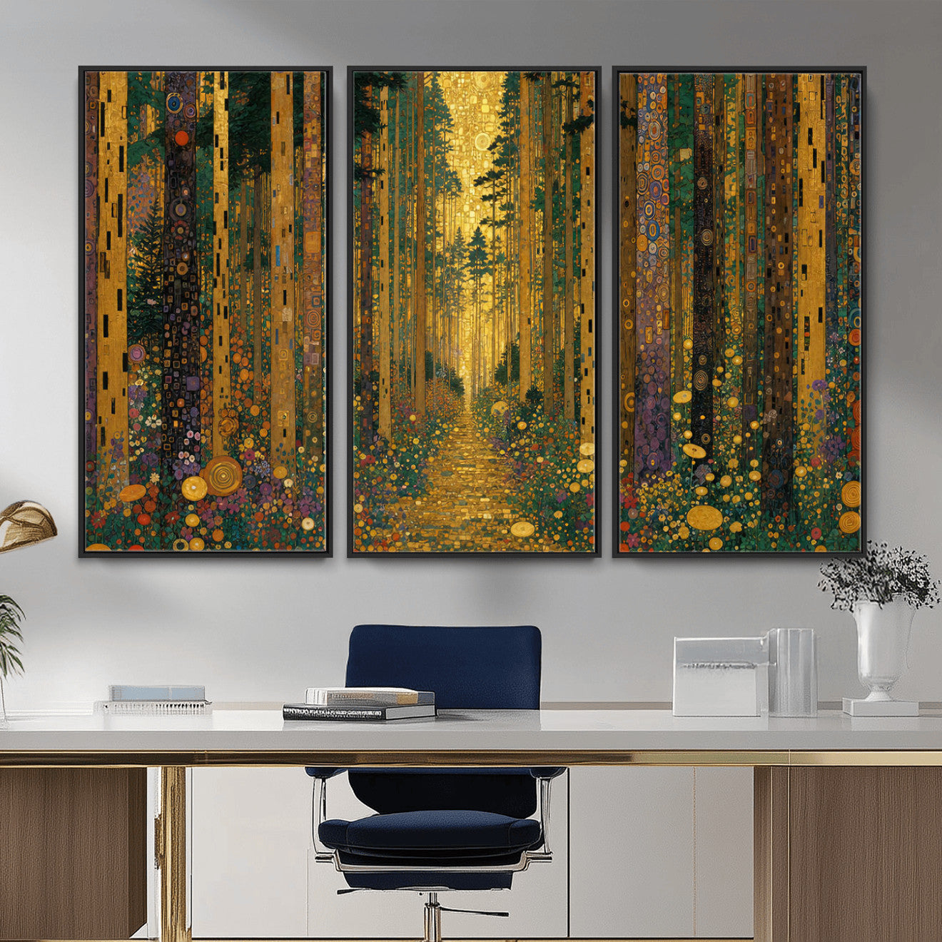 79483321G-MGV-CV-48X32-3P - Gustav Klimt Style Forest Canvas Wall Art, Golden Forest Path Floral Art Nouveau Print, Enchanted Woodland Decor