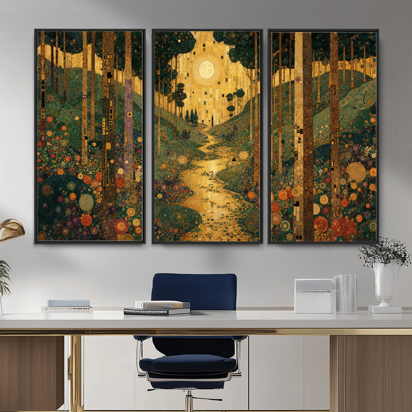 79483321GS-MGV-CV-48X32-3P - Gustav Klimt Style Forest Canvas Wall Art, Golden Forest Path Floral Art Nouveau Print, Enchanted Woodland Decor