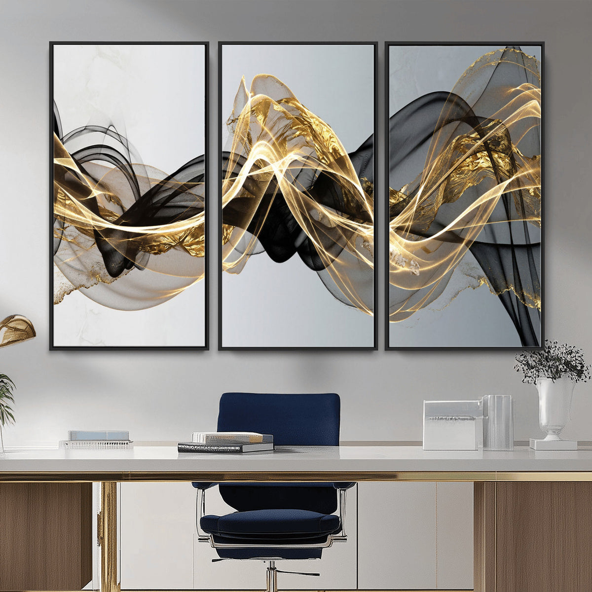 79483321DL-MGV-CV-36X24 - Black and Gold Abstract Wall Art, Modern Wave Canvas Print, Elegant Flowing Smoke Art, Luxury Living Room Decor