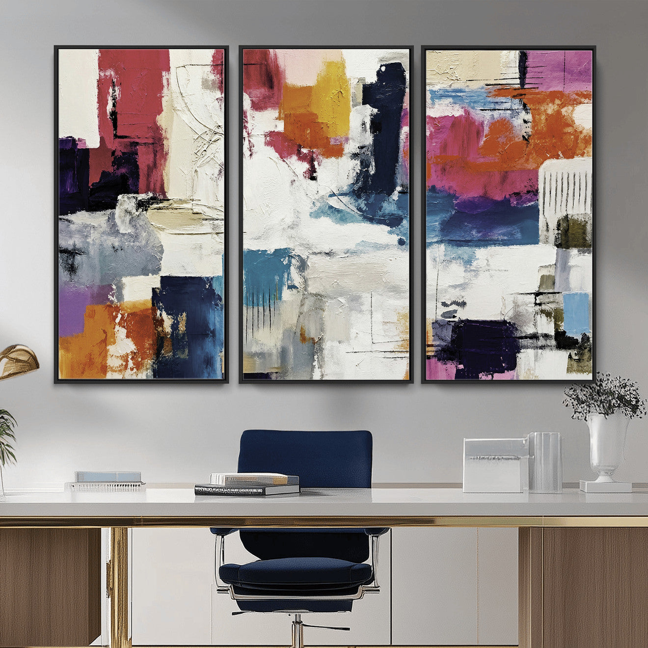 57864023-MGV-CV-36X24 - Blue Teal Abstract Canvas Wall Art, Modern Textured Painting Print, Navy Orange White Contemporary Art, Neutral Living Room Decor, Office Art