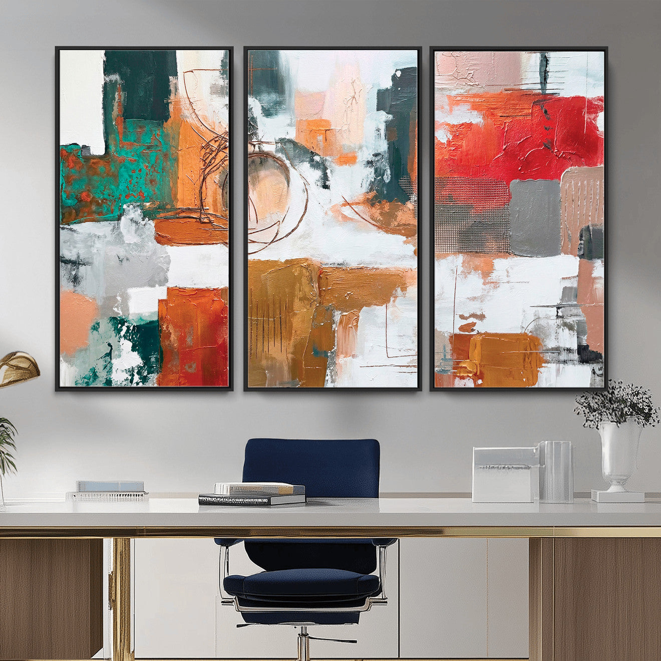 50720312-MGV-CV-36X24 - Blue Teal Abstract Canvas Wall Art | Modern Textured Painting Print, Navy Orange White Contemporary Art, Neutral Living Room Decor, Office Art.