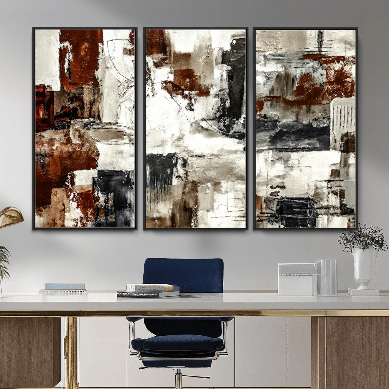 53022468-MGV-CV-36X24 - Blue Teal Abstract Canvas Wall Art, Modern Textured Painting Print, Navy Orange White Contemporary Art, Neutral Living Room Decor, Office Art