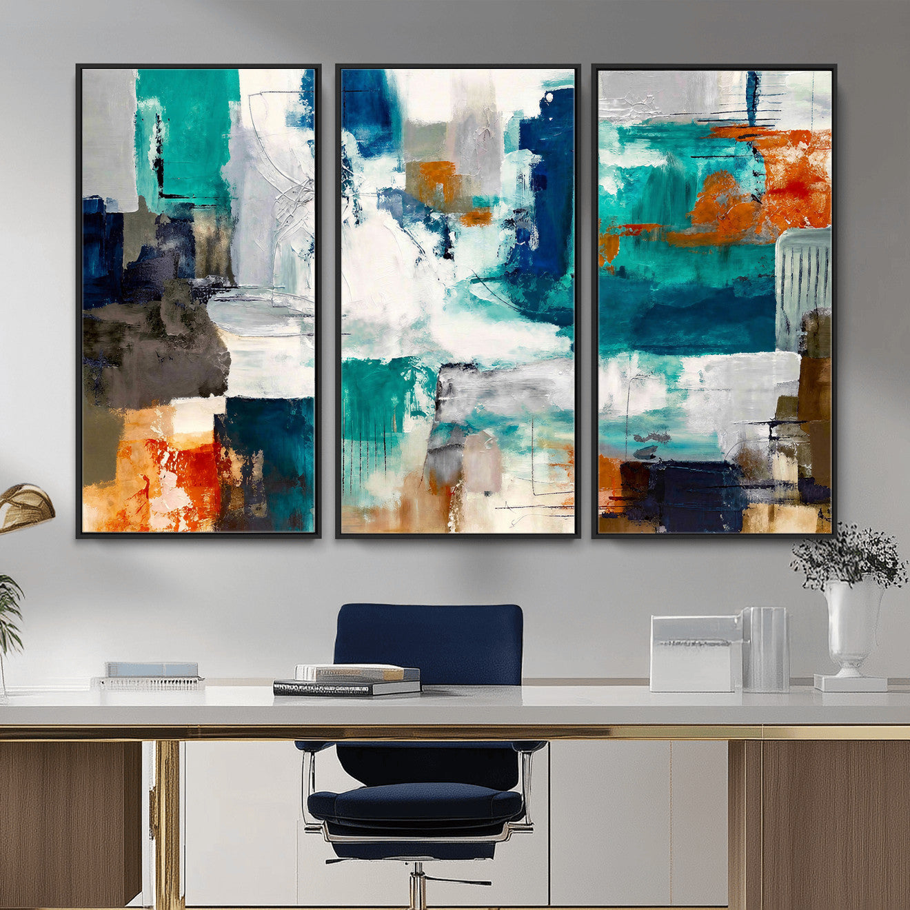 44038089-MGV-CV-36X24 - Blue Teal Abstract Canvas Wall Art, Modern Textured Painting Print, Navy Orange White Contemporary Art, Neutral Living Room Decor, Office Art