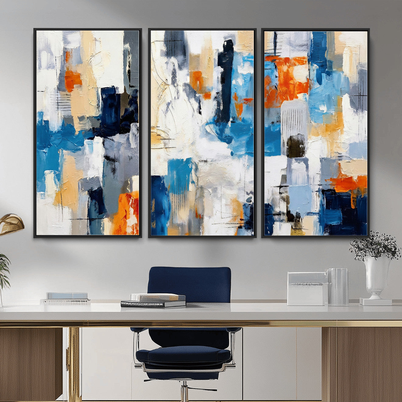 83915061-MGV-CV-36X24 - Blue Teal Abstract Canvas Wall Art, Modern Textured Painting Print, Navy Orange White Contemporary Art, Neutral Living Room Decor, Office Art