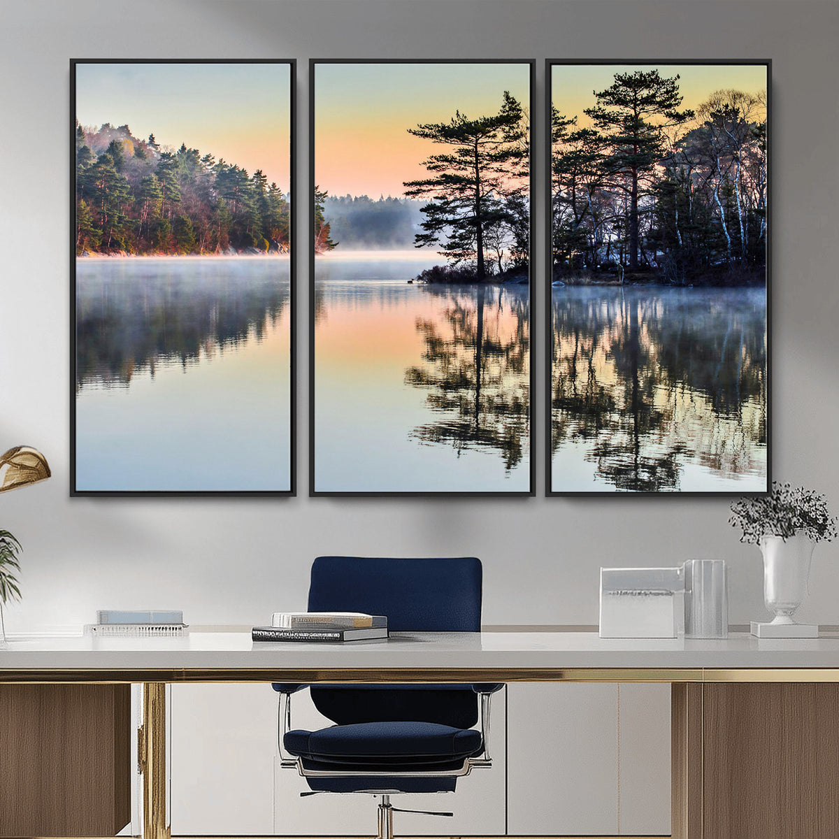34236027-MGV-CV-36X24 - Before People Wake Canvas Wall Art Print, Misty Lake Sunrise Landscape, Forest Reflection Nature Decor, Ready to Hang