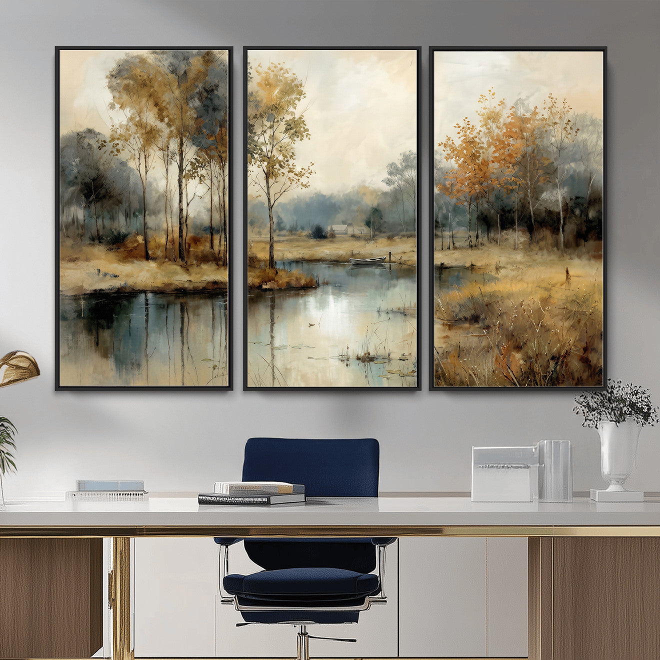 74391095-MGV-CV-36X24 - Abstract WatercolorAutumn Lake Canvas Wall Art Print, Misty Forest Landscape, Rustic Nature Painting, Cabin Wall Decor, Ready to Hang