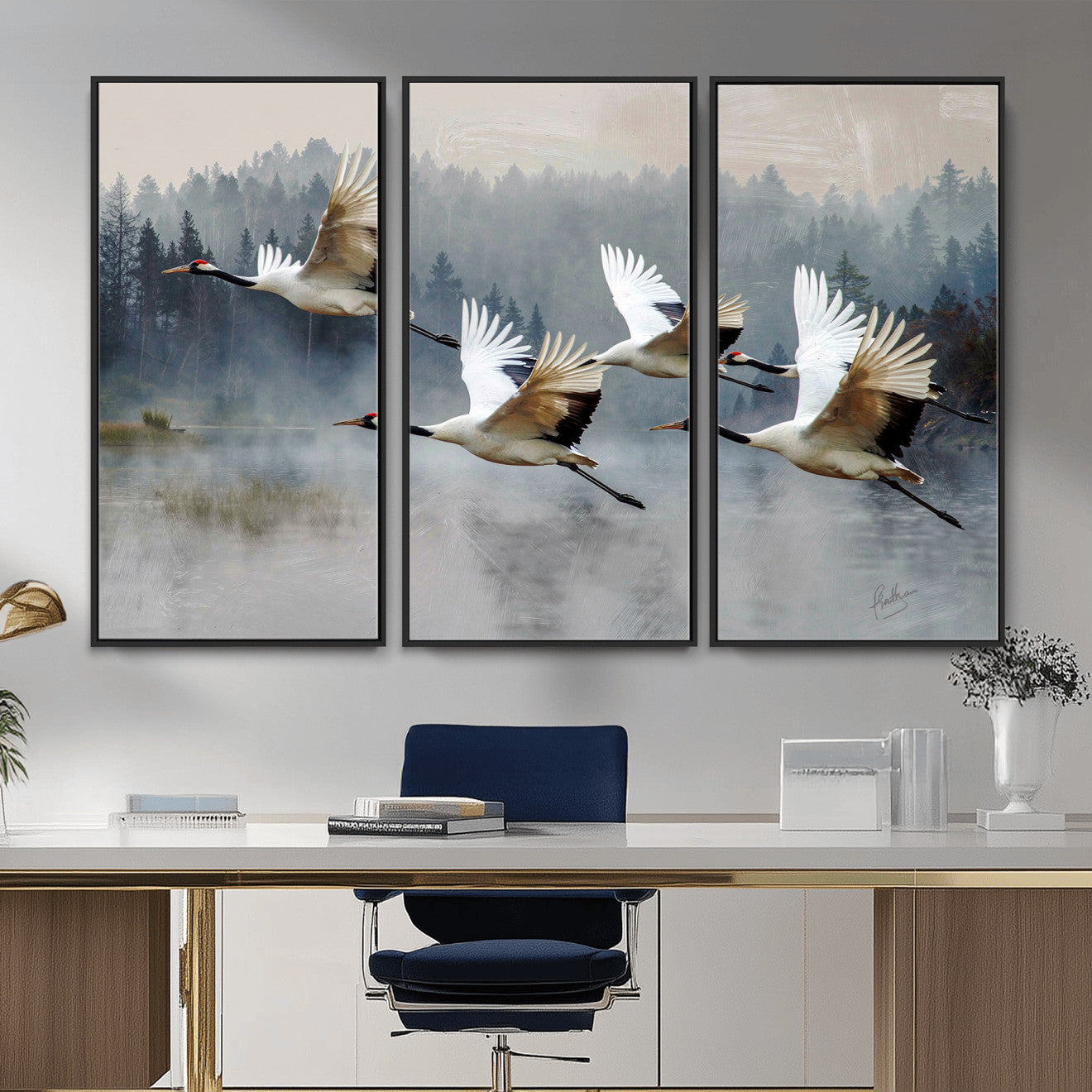 24356826-MGV-CV-36X24 - Flying Crane Canvas Wall Art Print, White Crane Bird Artwork, Wildlife Nature Decor, Lake Landscape Canvas, Ready to Hang