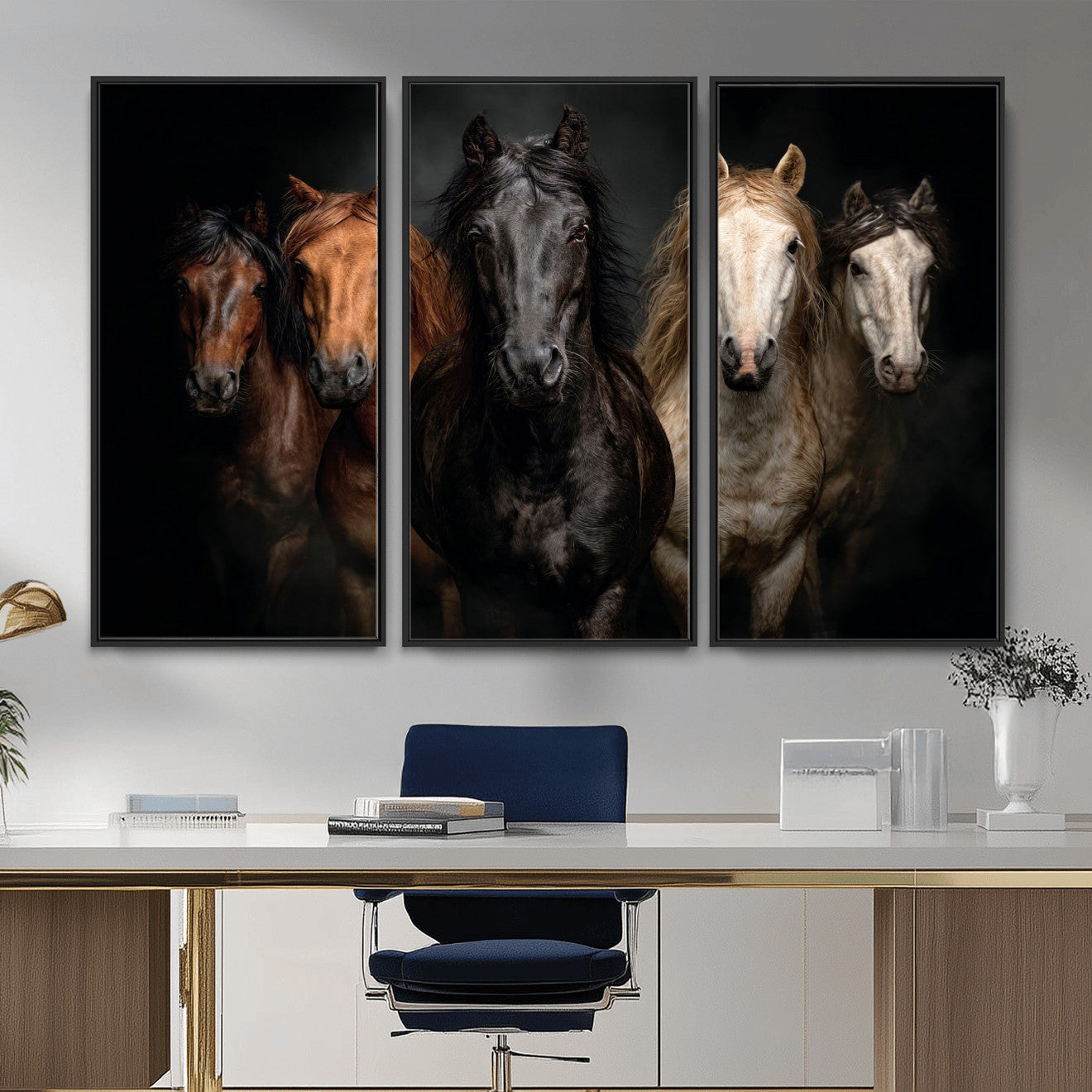 77696206-MGV-CV-36X24 - Horse Wall Art Canvas Print | Wild Horses Portrait Photography, Animal Horse Decor, Black Brown White Horse Herd