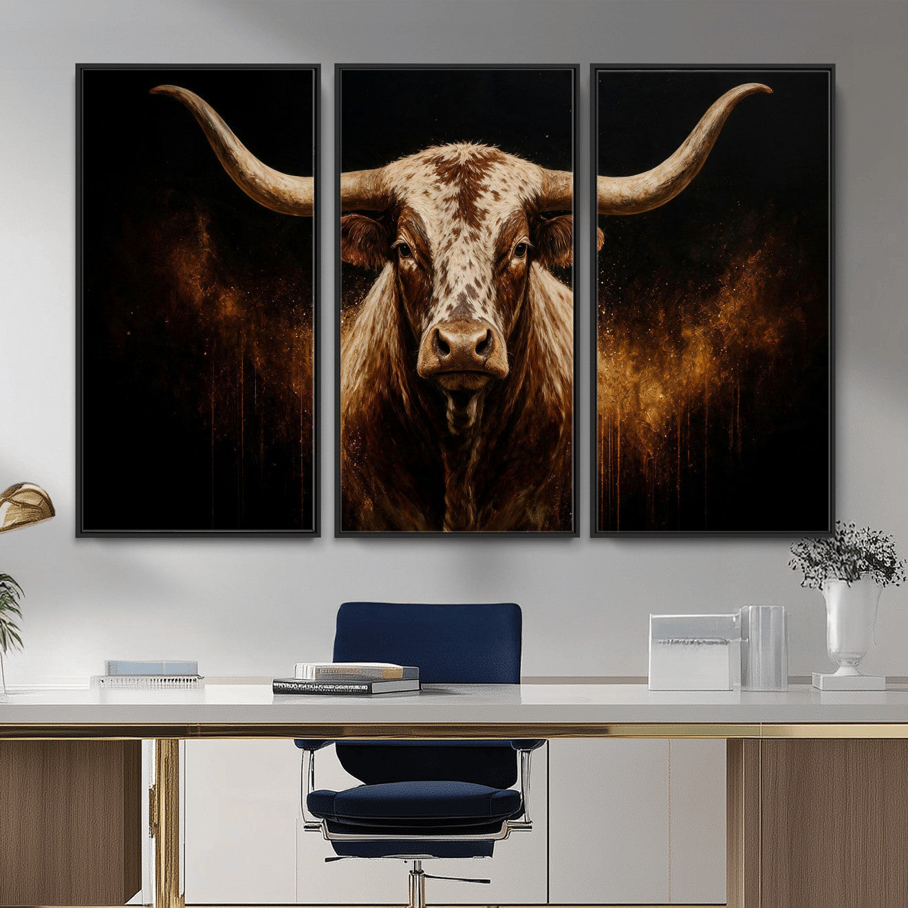 62076449-MGV-CV-48X32-3P - Texas Bull Cow Longhorn Canvas Wall Art Moody Western Bull Oil Painting Print