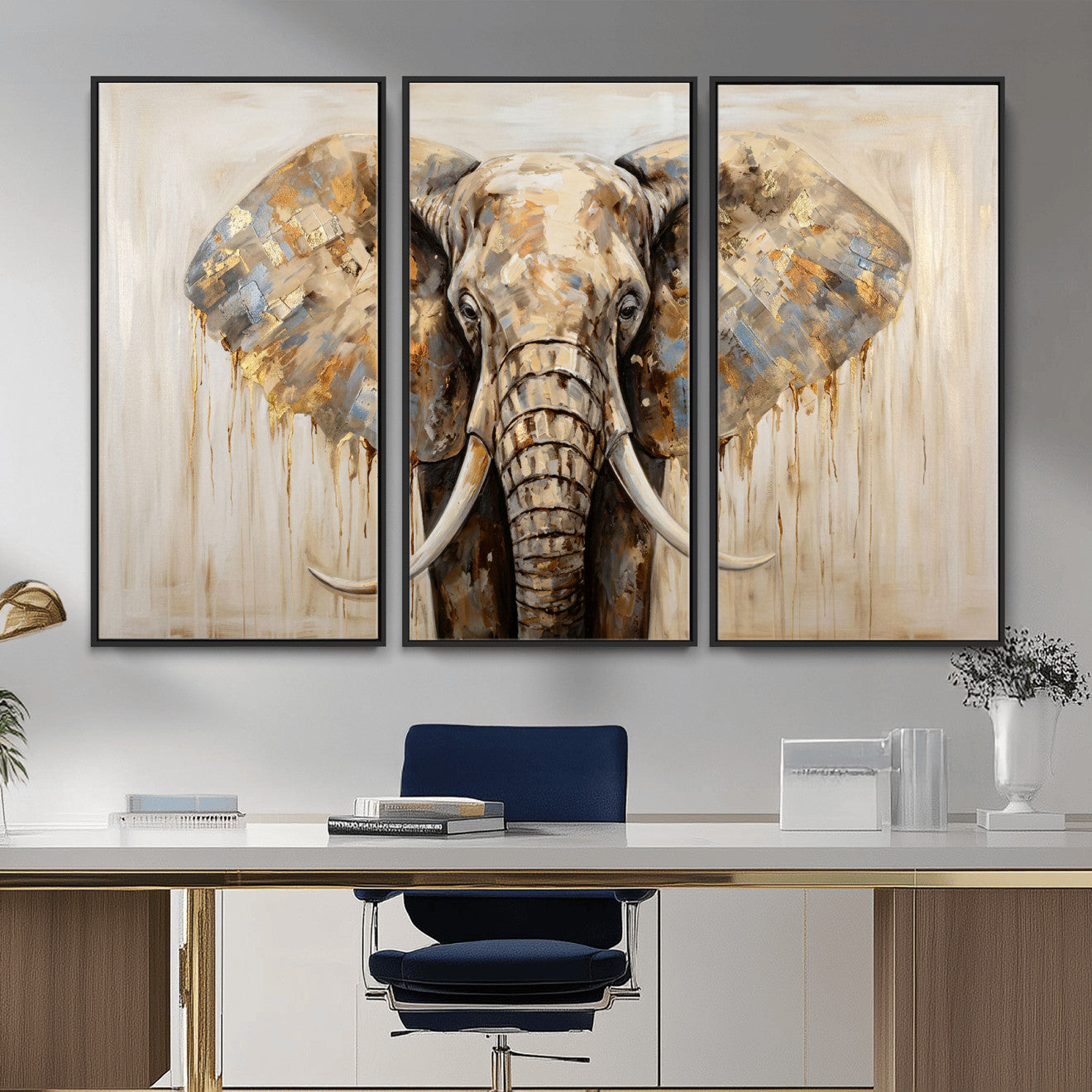 95819221-MGV-CV-36X24 - Gold Leaf Elephant Canvas Wall Art Abstract African Wildlife Painting Print