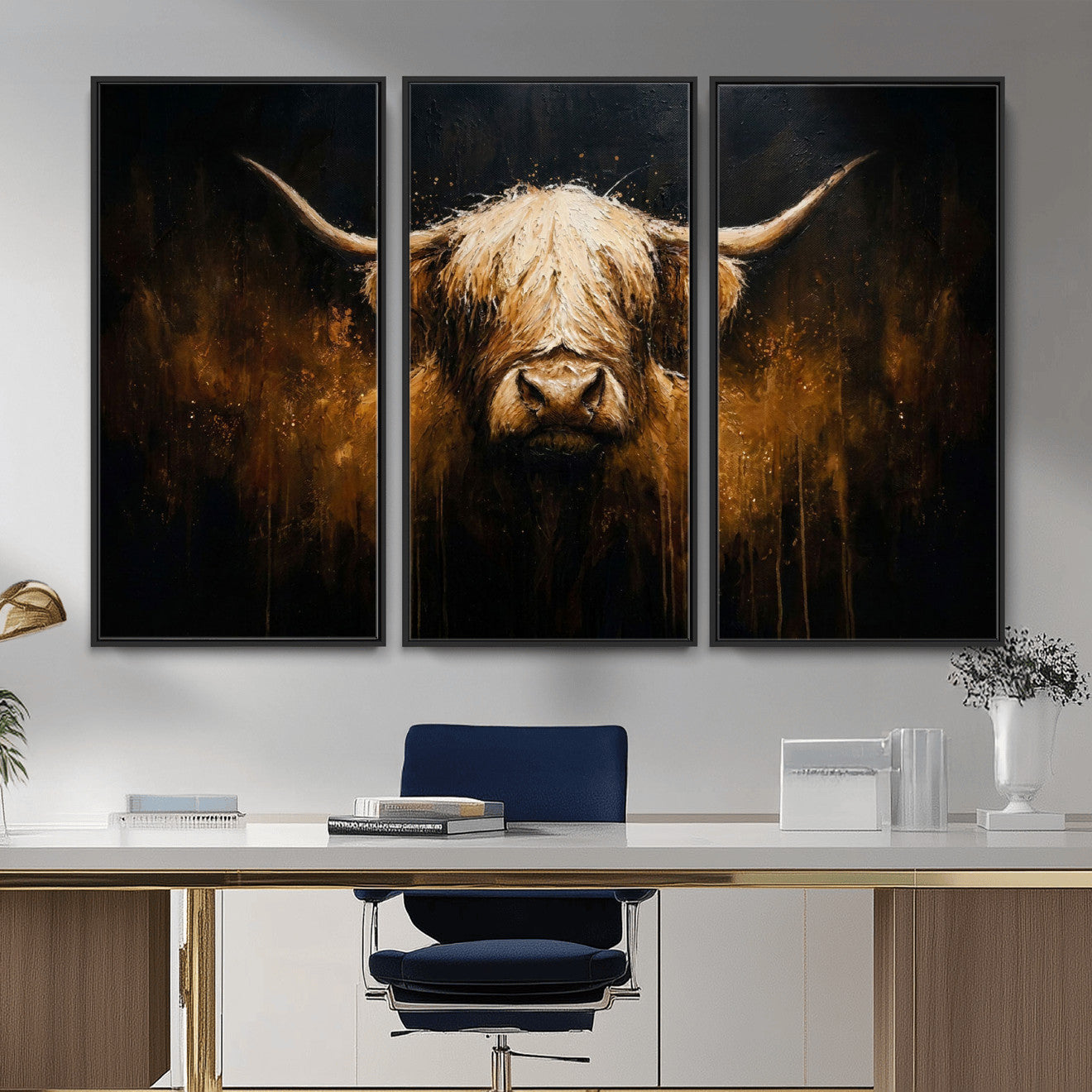 79873059-MGV-CV-36X24 - Rustic Highland Cow Canvas Print Dark Farmhouse Cattle Wall Decor