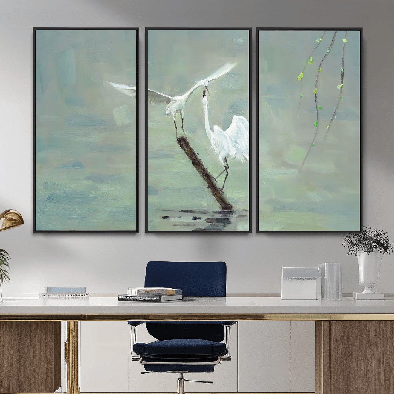 91124838-MGV-CV-36X24 - Two White Egrets on Marsh Branch Wall Art Canvas Print - Vintage Style Coastal Bird Poster