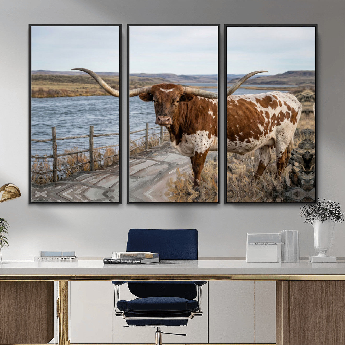91575949-MGV-CV-36X24 - Texas Longhorn Cattle in Desert Pasture Wall Art Canvas Print - Rustic Western Decor