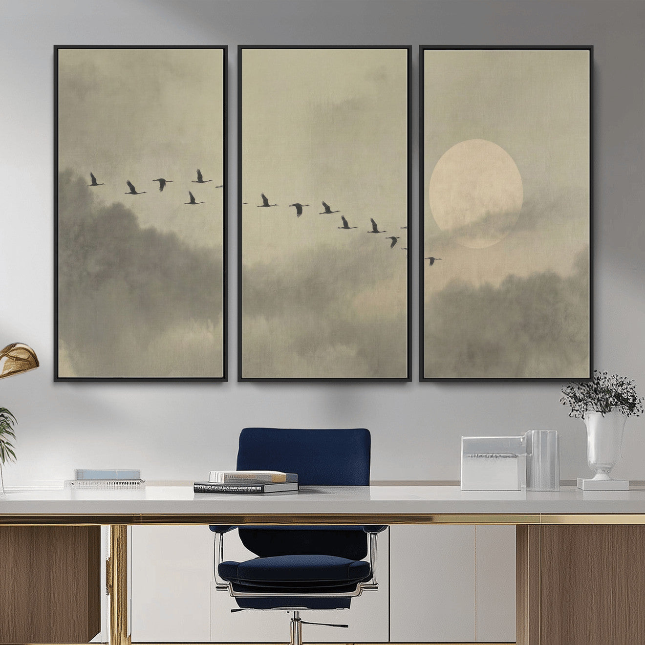 12098149-MGV-CV-36X24 - Flock of Birds Flying to Full Moon Wall Art Canvas Print - Vintage Surreal Clouds Painting