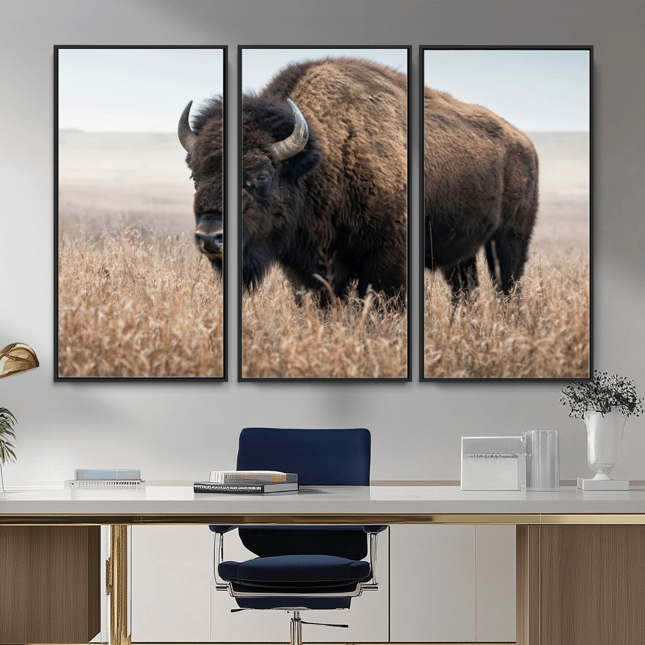 81029583-MGV-CV-36X24 - American Bison in Prairie Field Wall Art Canvas Print - Rustic Wildlife Photography