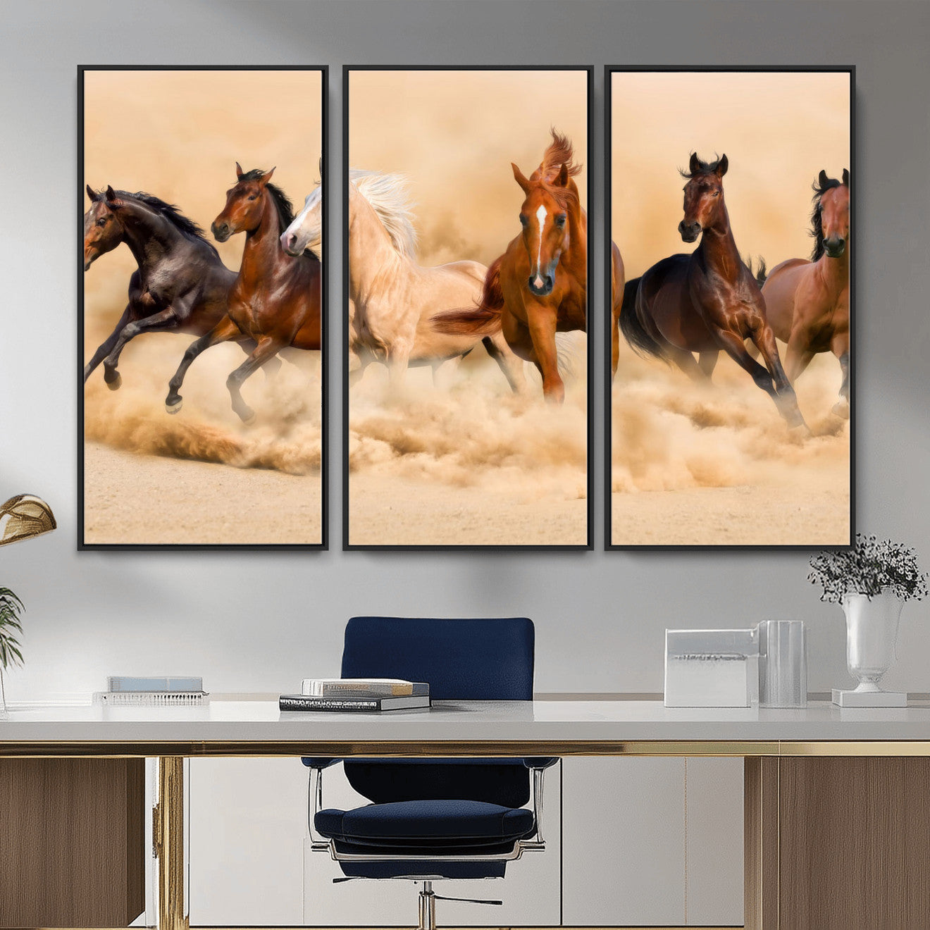 90610949-MGV-CV-36X24 - Herd of Six Wild Horses Galloping in Dust Storm Wall Art Canvas Print - Majestic Wildlife Decor