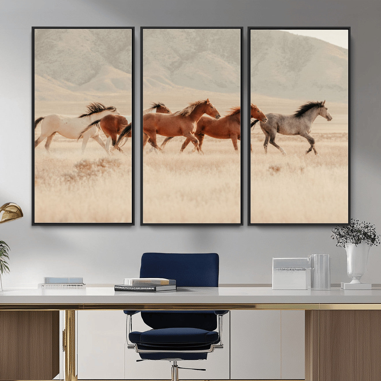 43348446-MGV-CV-36X24 - Herd of Wild Horses Running in Desert Mountain Wall Art Canvas Print - Boho Western Landscape