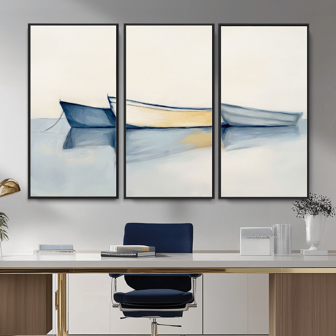 84017361-MGV-CV-36X24 - Abstract Three Boats Reflecting on Water Wall Art Canvas Print - Minimalist Coastal Seascape